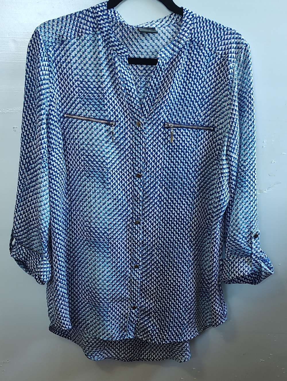 Vintage Top Button Front Fake  Zippered Pockets 3/4 Sleeve W/Button Tab Cuff